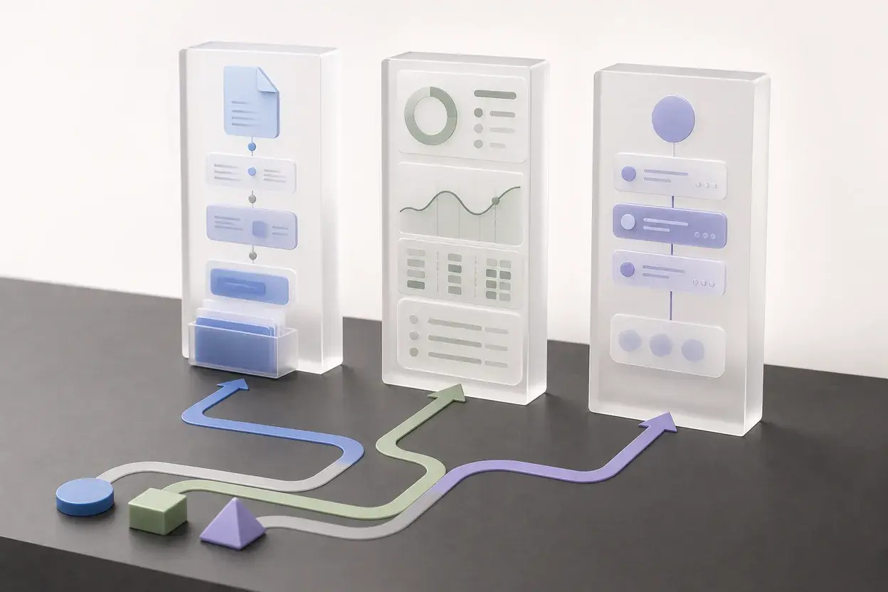 Three interface towers representing invoicing, accounting, and client management tools