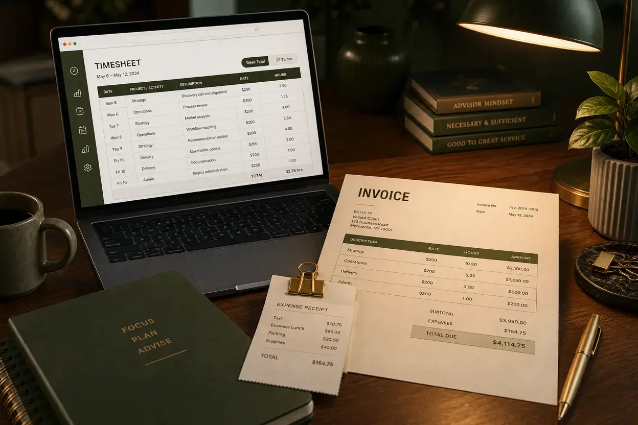 Laptop timesheet beside a printed consulting invoice and clipped expense receipt