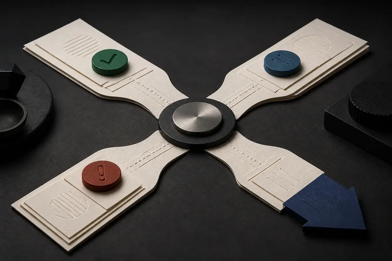 Four sculptural invoice paths converging on one clear finance decision point