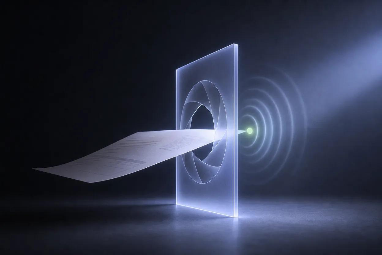 A document passing through a luminous aperture that confirms a view