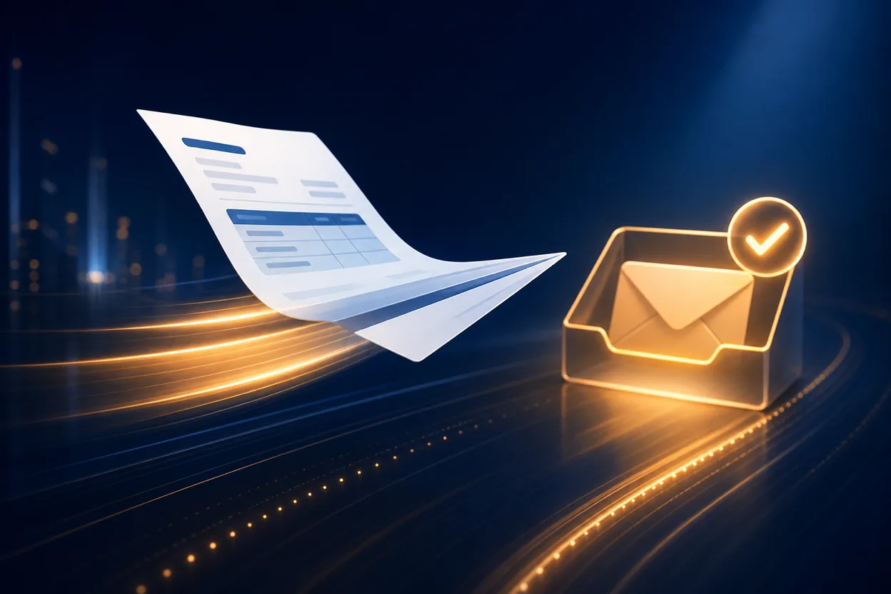 Invoice sheet folding into a paper airplane toward a glowing inbox