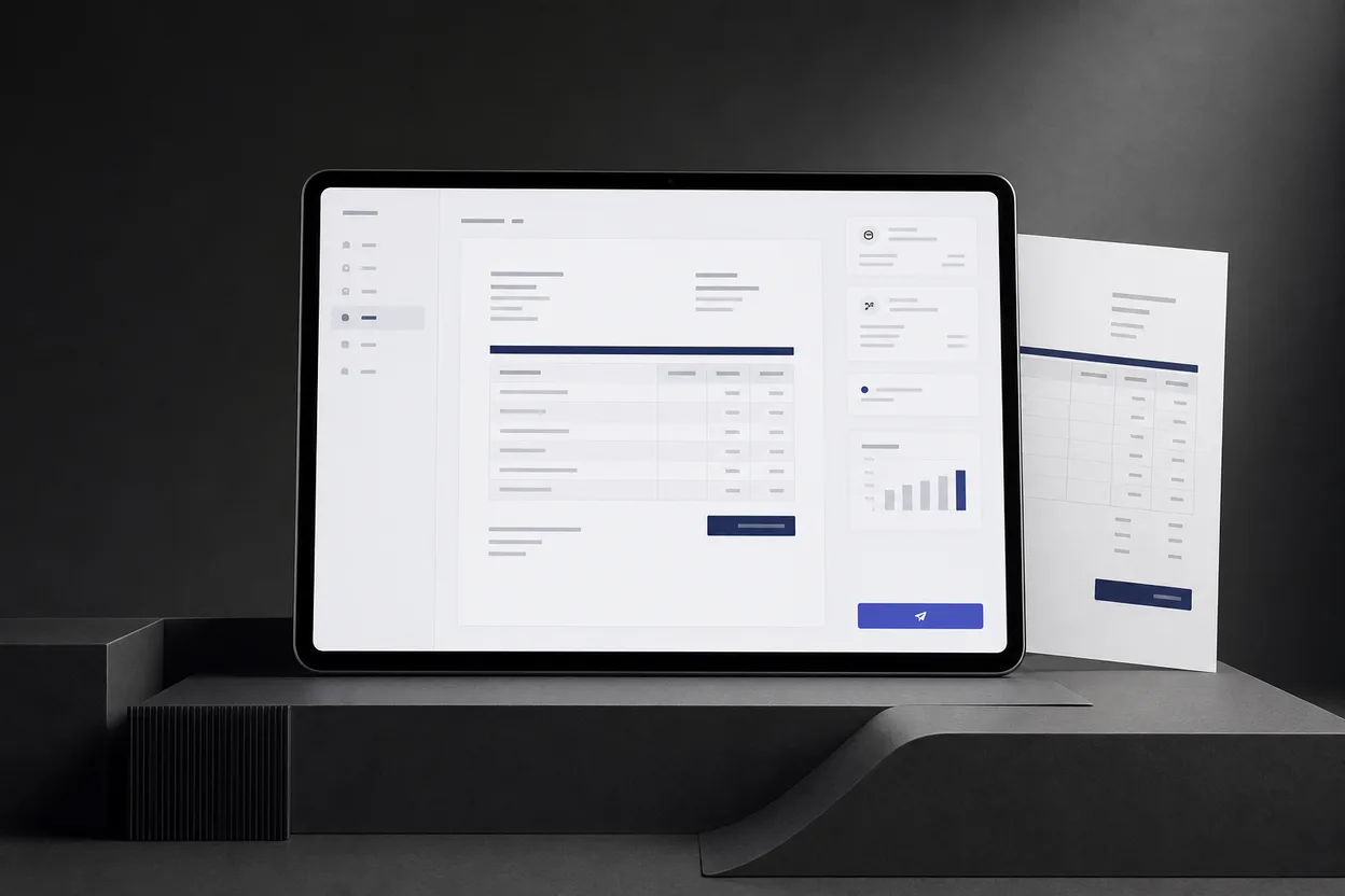 NeatInvoice workspace on a graphite product launch stage beside a printed invoice