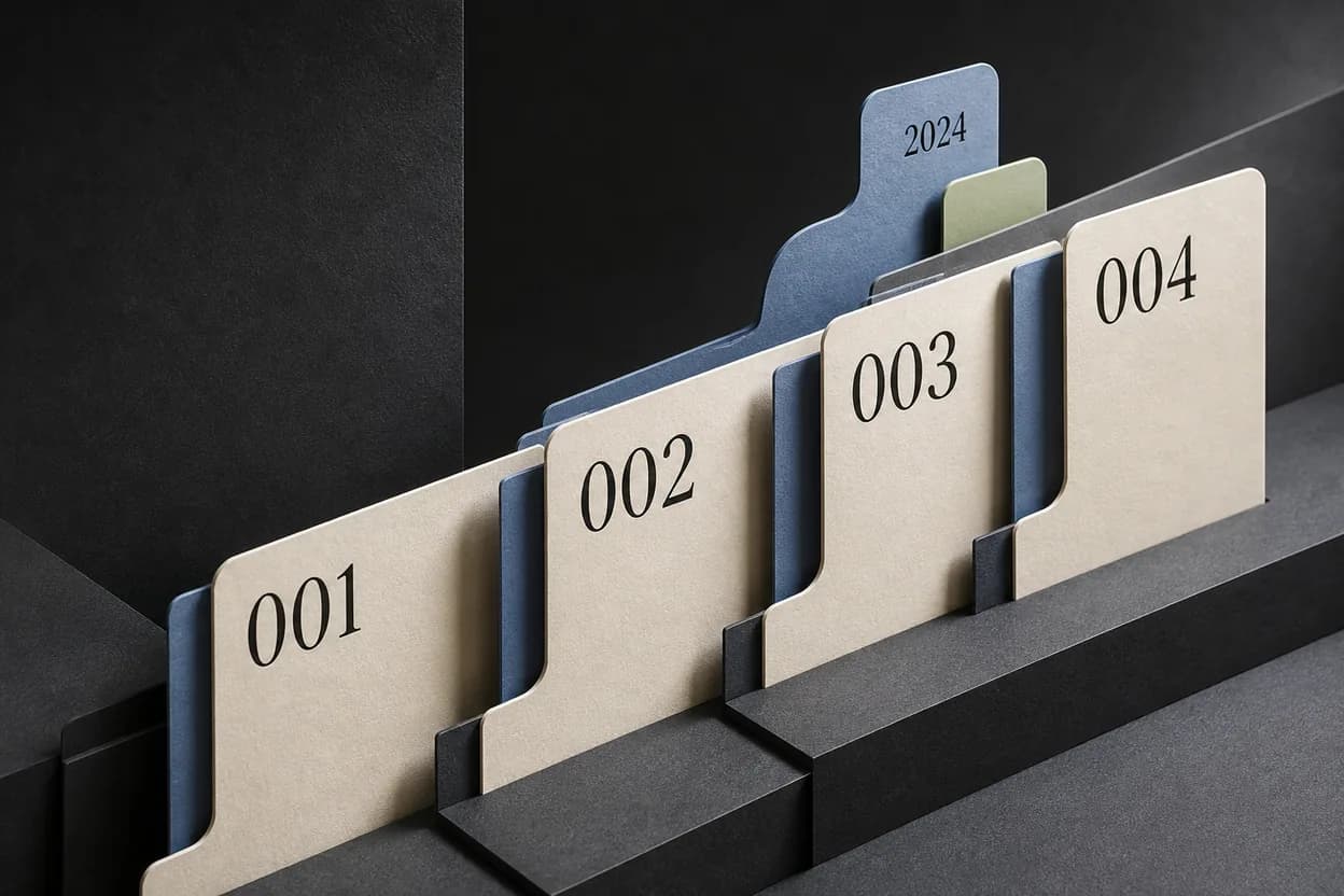 Numbered filing tabs progressing from 001 to 004 in a structured sequence