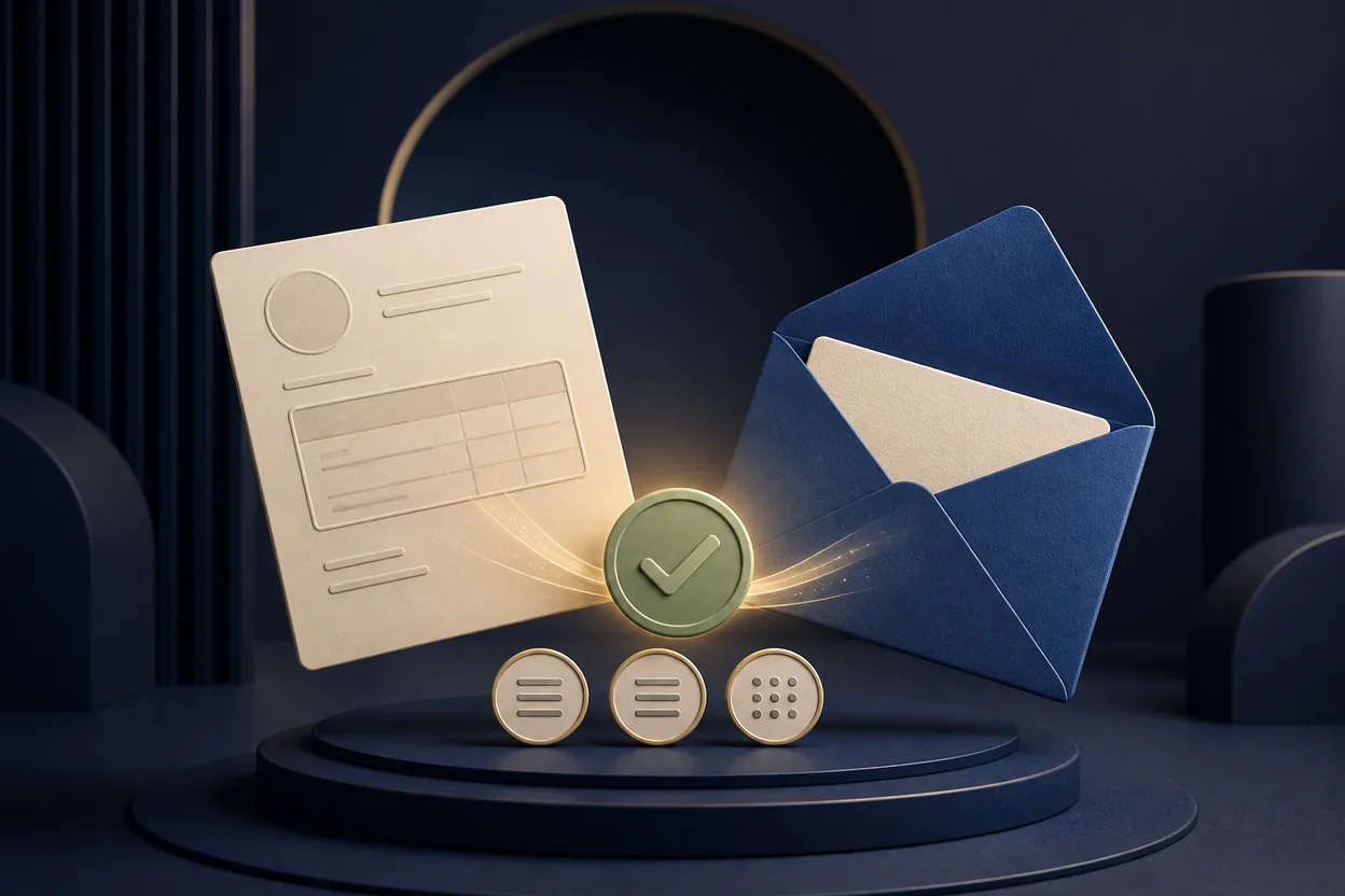 Invoice and blue envelope meeting at a green payment confirmation seal