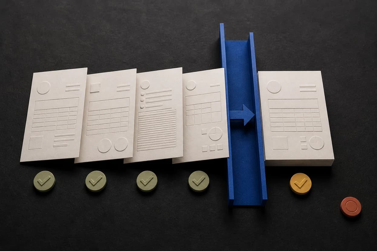 Sculptural invoice, purchase order, receipt, and payment pieces aligning on a dark desk