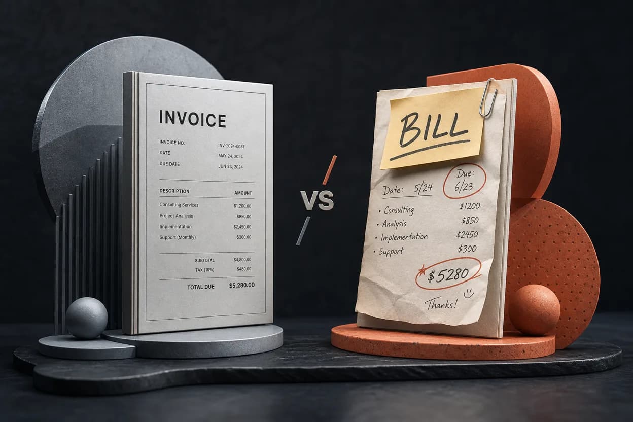 Two upright documents labeled invoice and bill facing each other on a dark slate desk