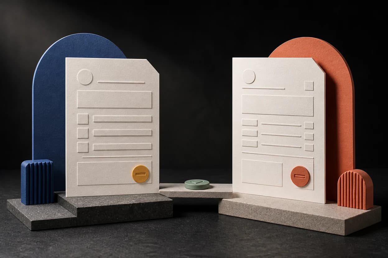 Two sculptural business documents representing a buyer purchase order and seller invoice