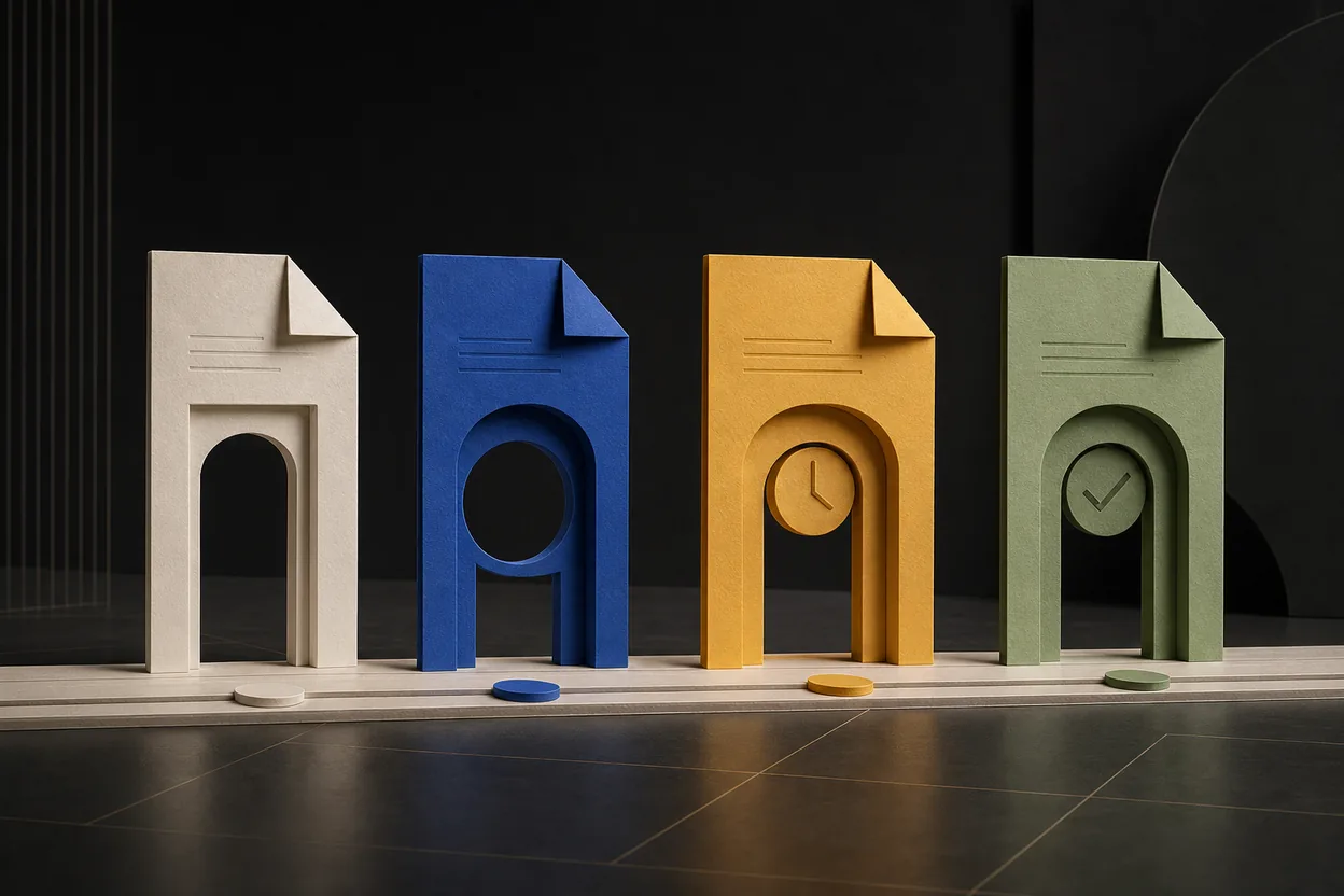 Four sculptural invoice gates representing draft, open, overdue, and paid states