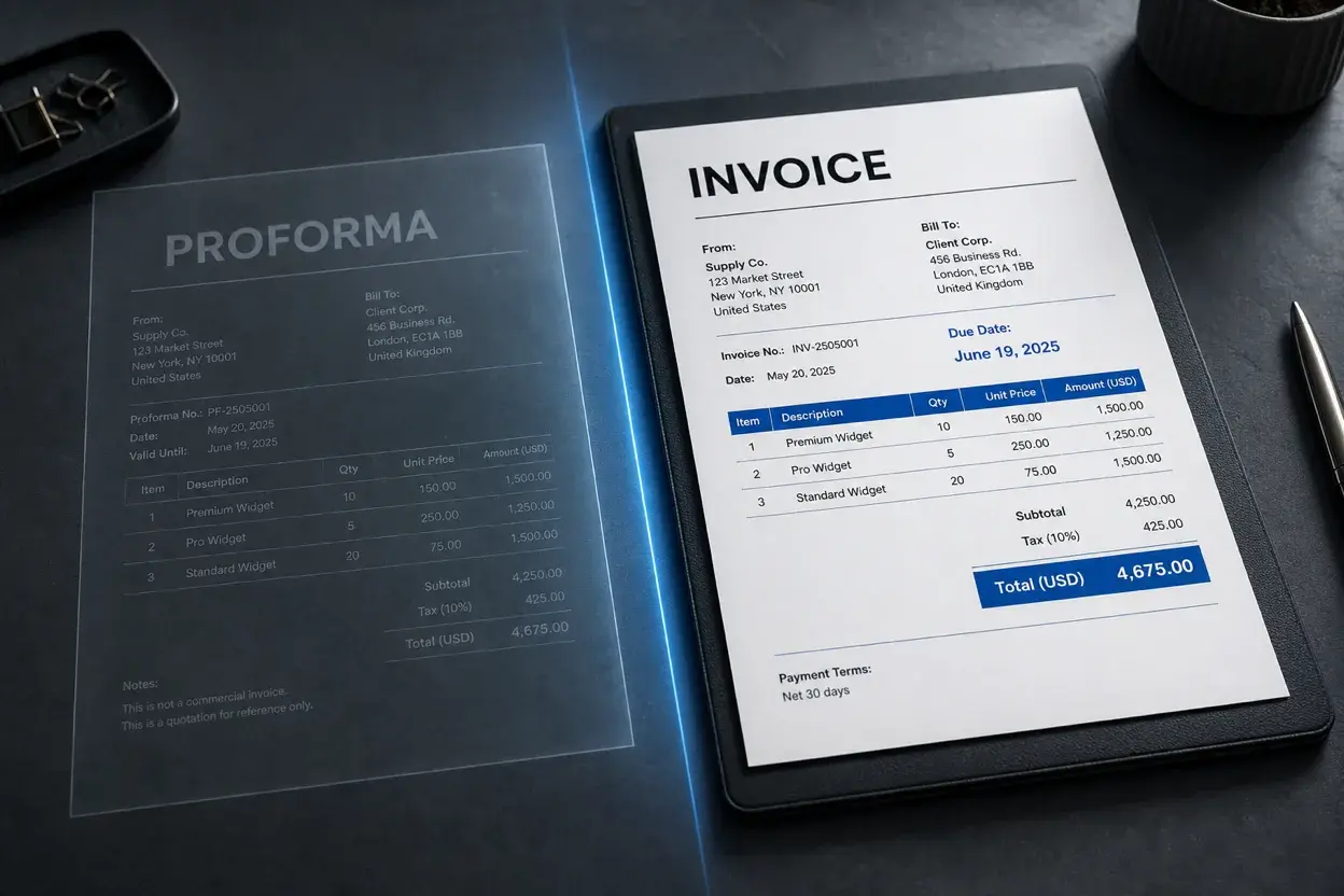 Translucent proforma document beside a solid payable invoice on a dark desk