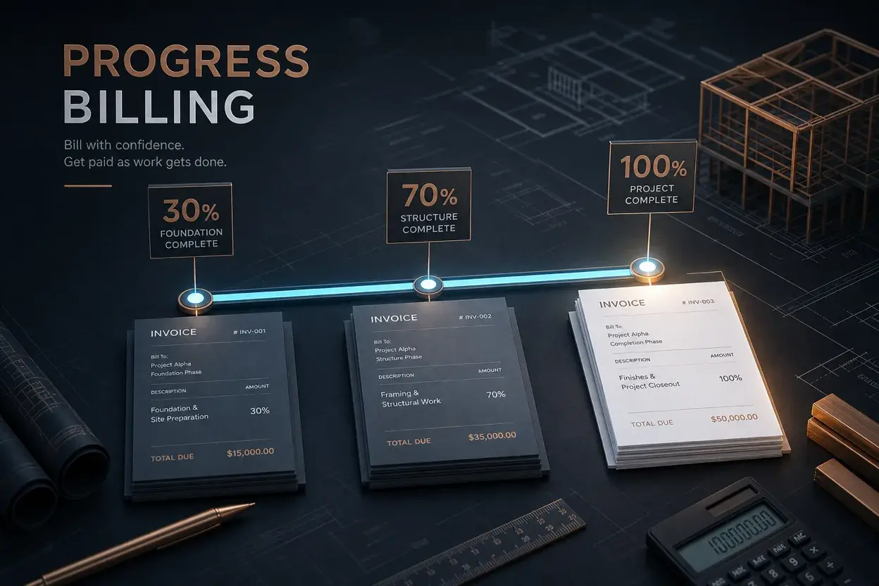 Milestone progress track with staged invoice sheets at thirty, seventy, and one hundred percent