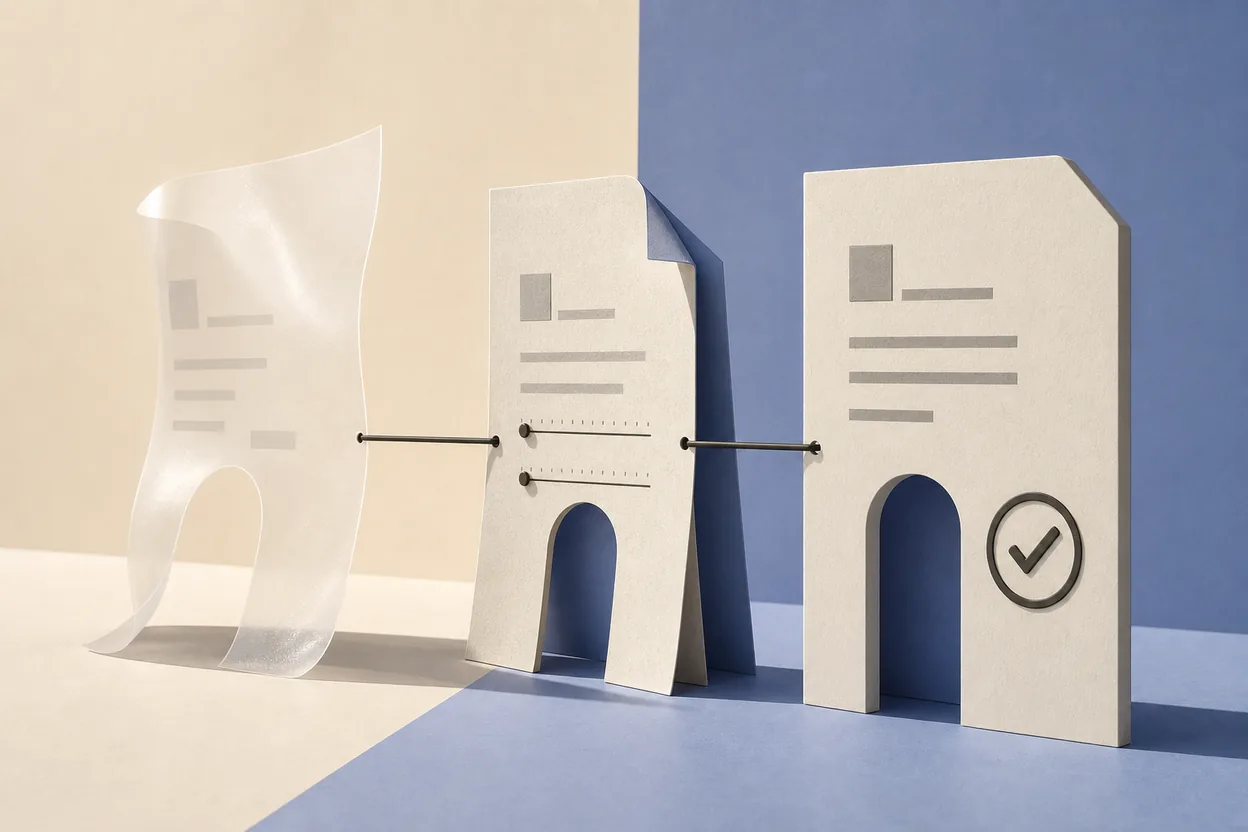 Three paper forms progressing from flexible quote to finalized invoice