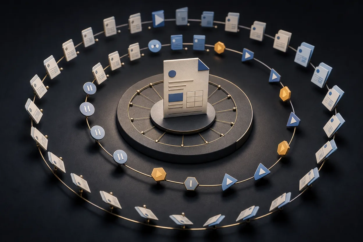 A master invoice blueprint generating documents along a recurring spiral