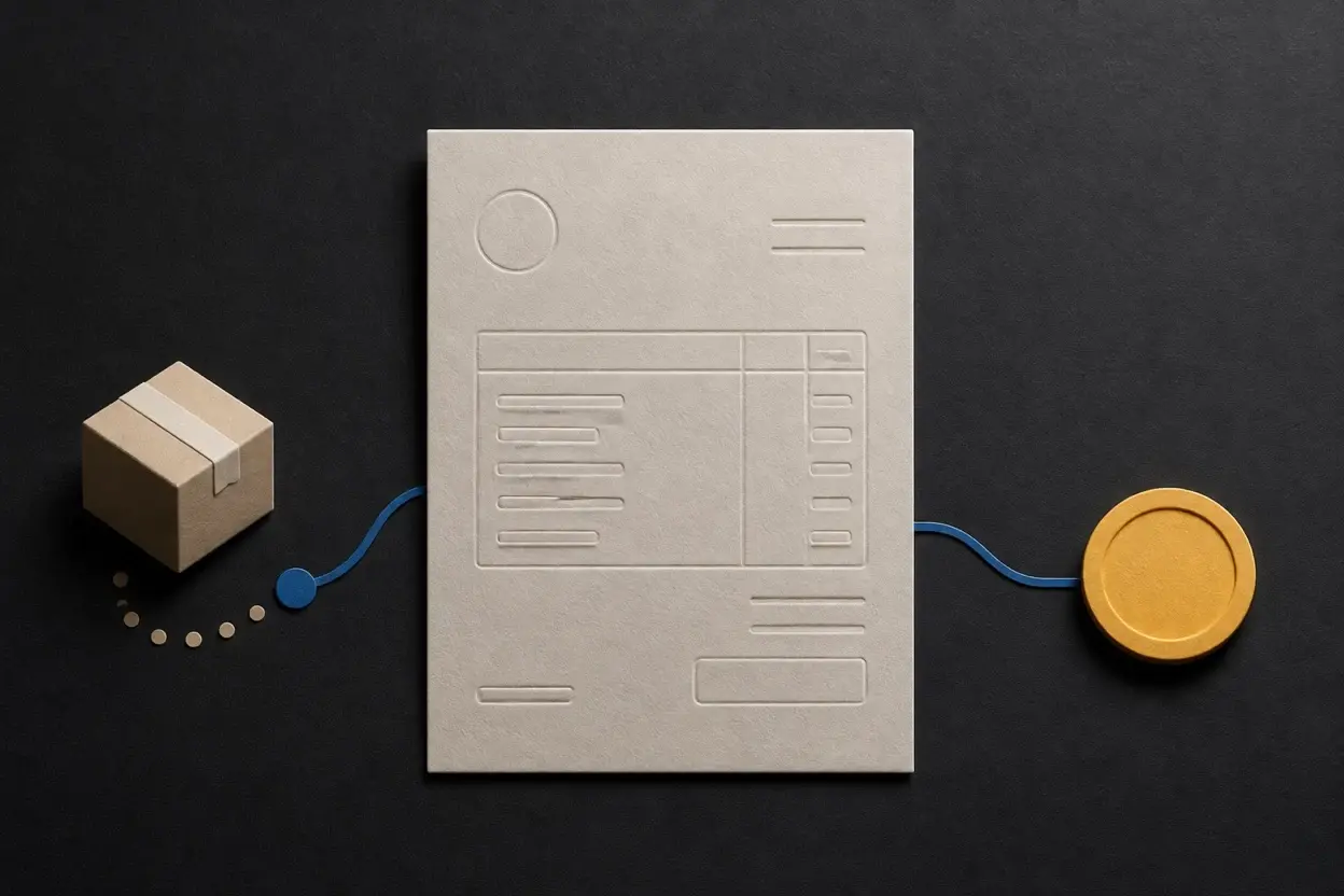 An embossed sales invoice connecting a delivered parcel to a clear amount-due marker