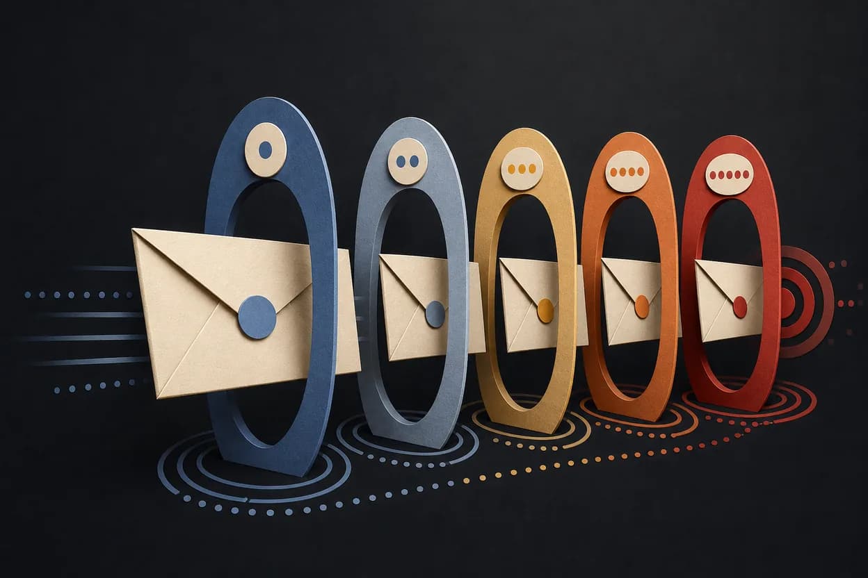 An envelope moving through five reminder stages from blue to red