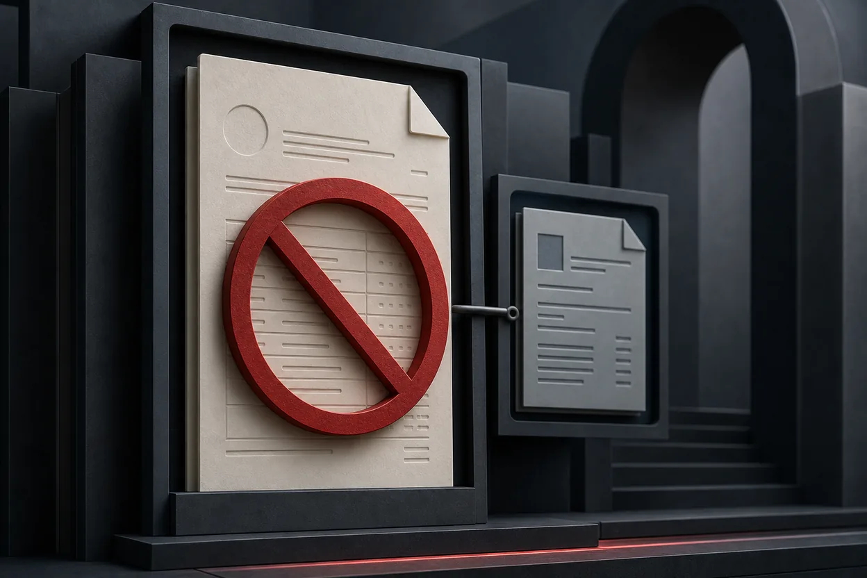 Cancelled invoice preserved in an archive frame beside its linked audit record