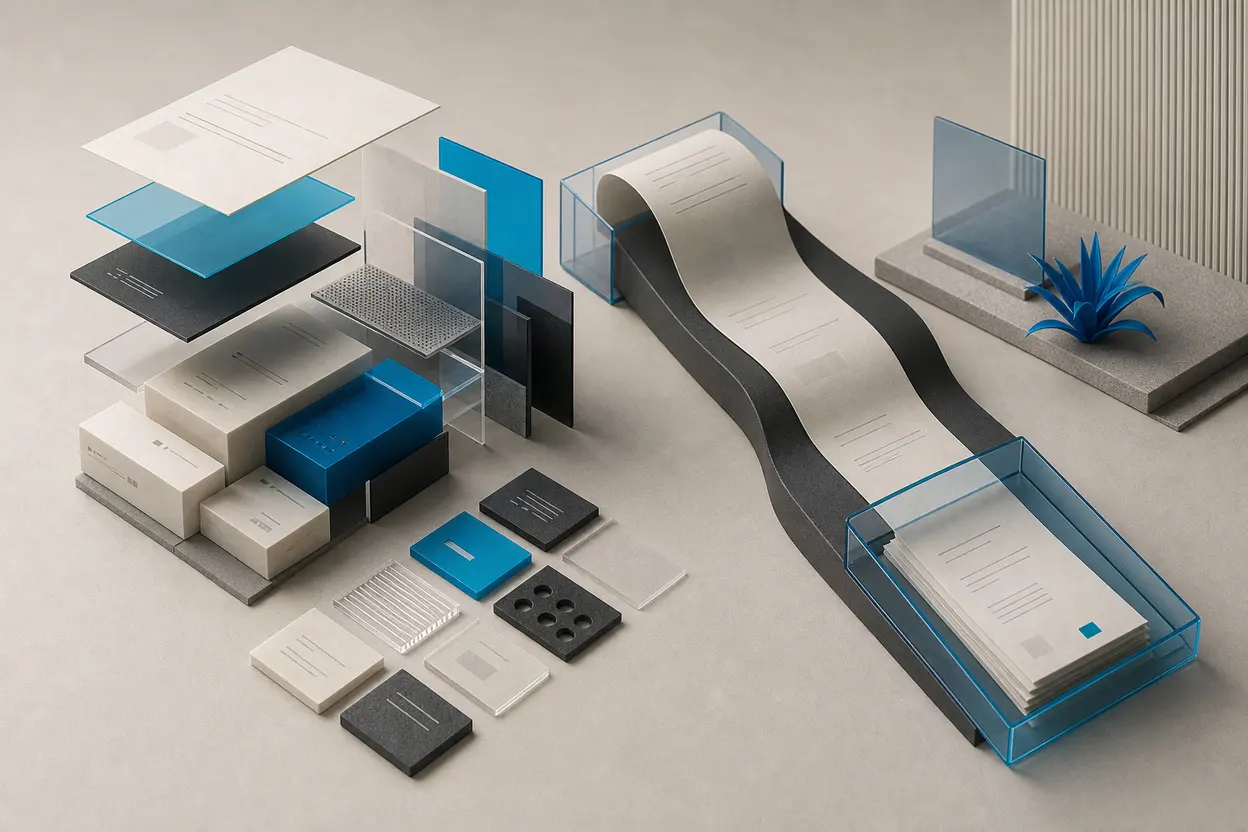 Modular invoice blocks arranged beside a streamlined document workflow