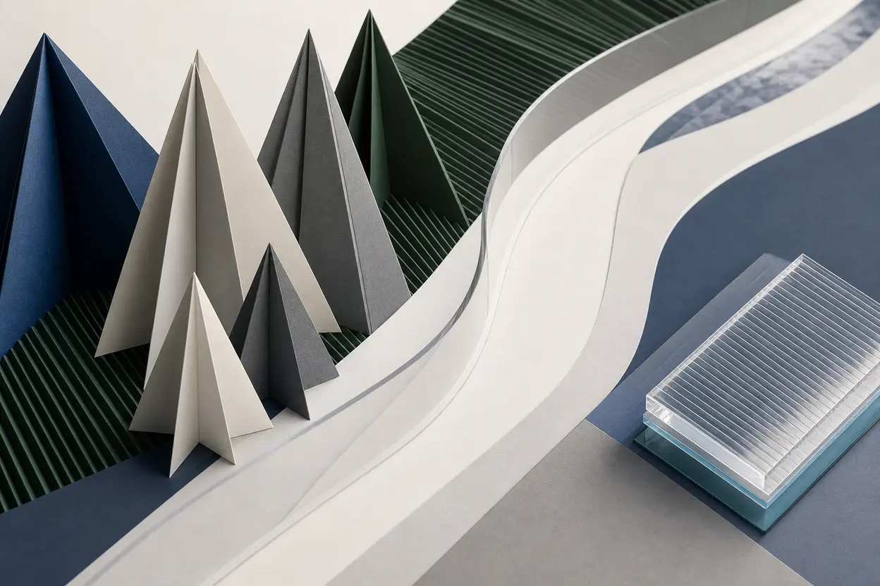 Geometric billing paths contrasting a compact invoice tool with a focused workspace