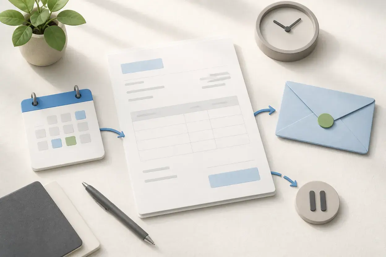 Blank invoice with calendar, envelope, clock, and review marker