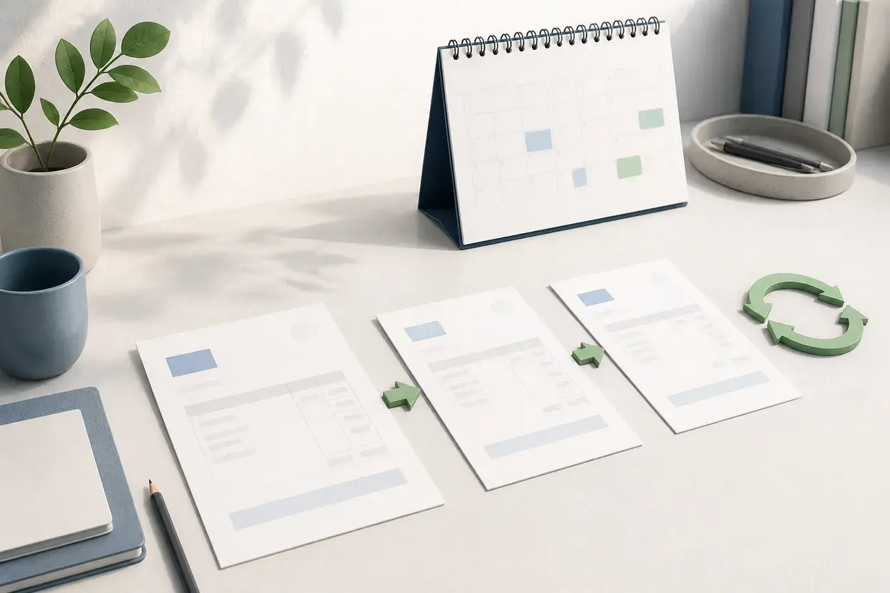 Blank invoice sequence beside a calendar and repeat-cycle marker