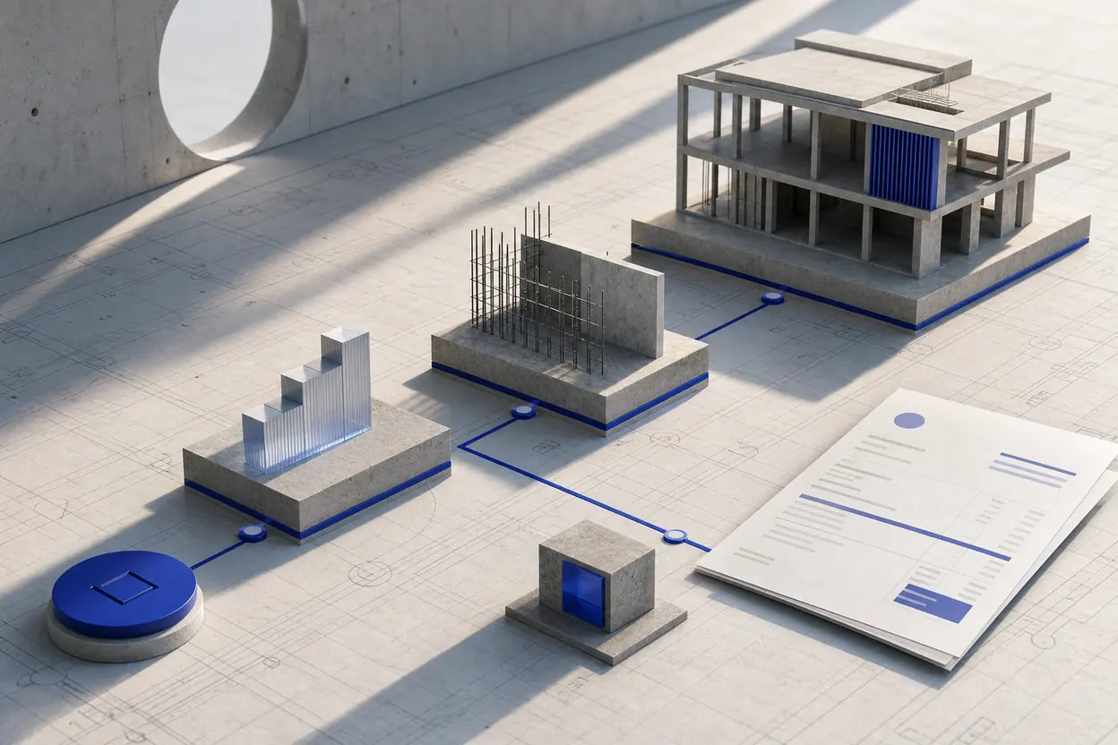 Construction billing workflow built from blueprint sheets, milestone blocks, and an invoice document