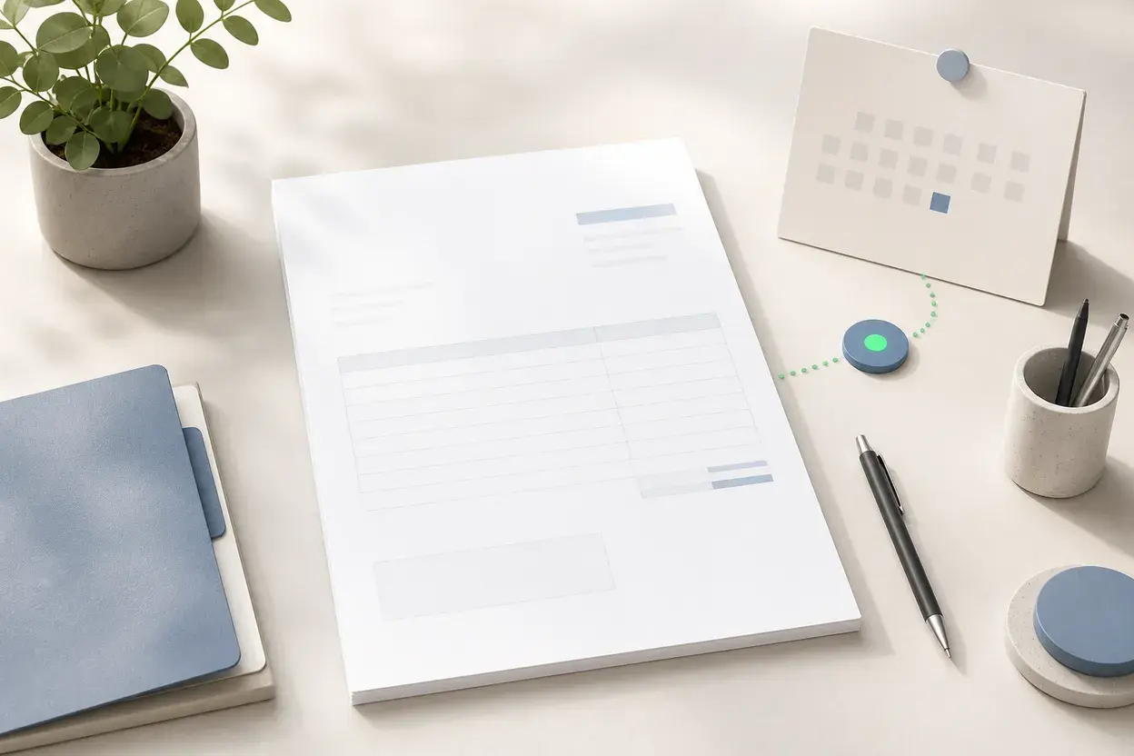 Consultant billing desk with a blank invoice, project folder, calendar, and live-link marker