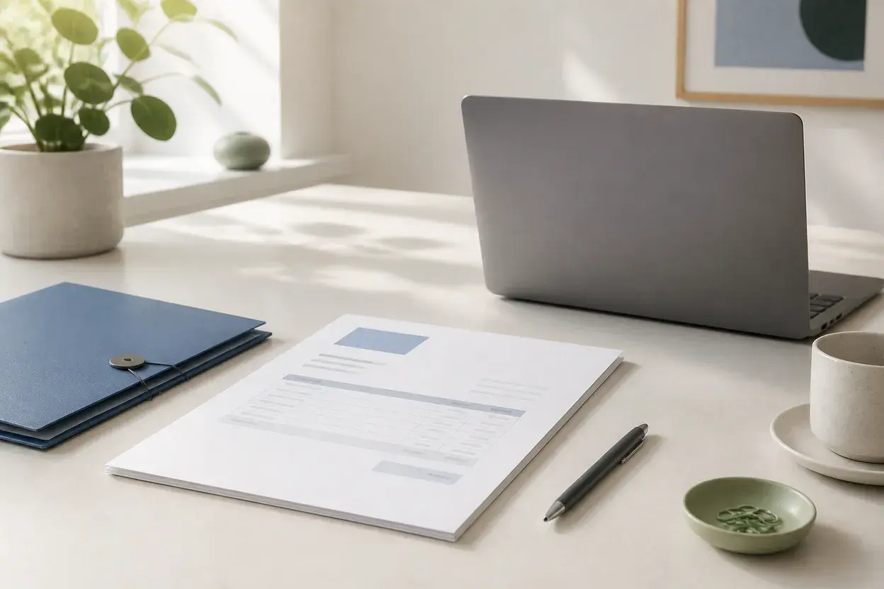 Freelancer desk with a blank invoice, laptop, project folder, and pen