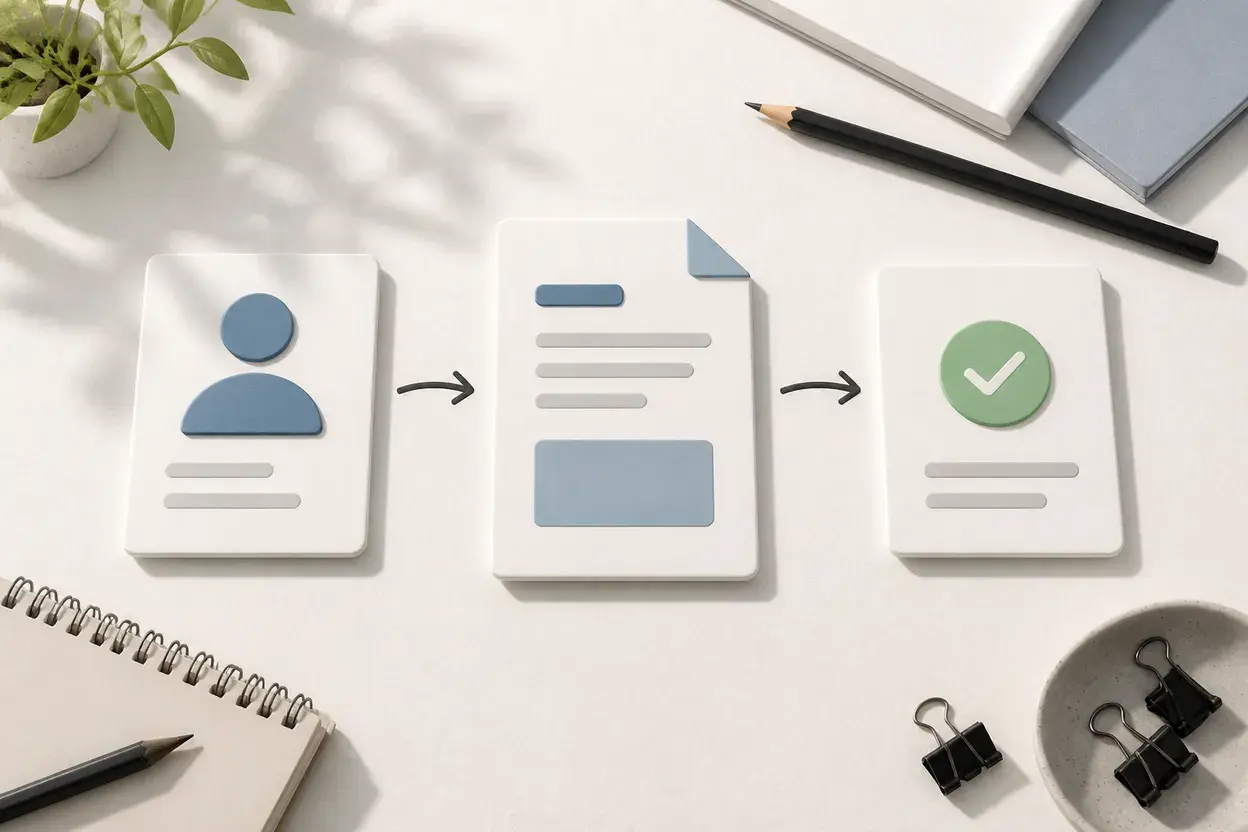 Simple workflow represented by blank client, invoice, and follow-up cards