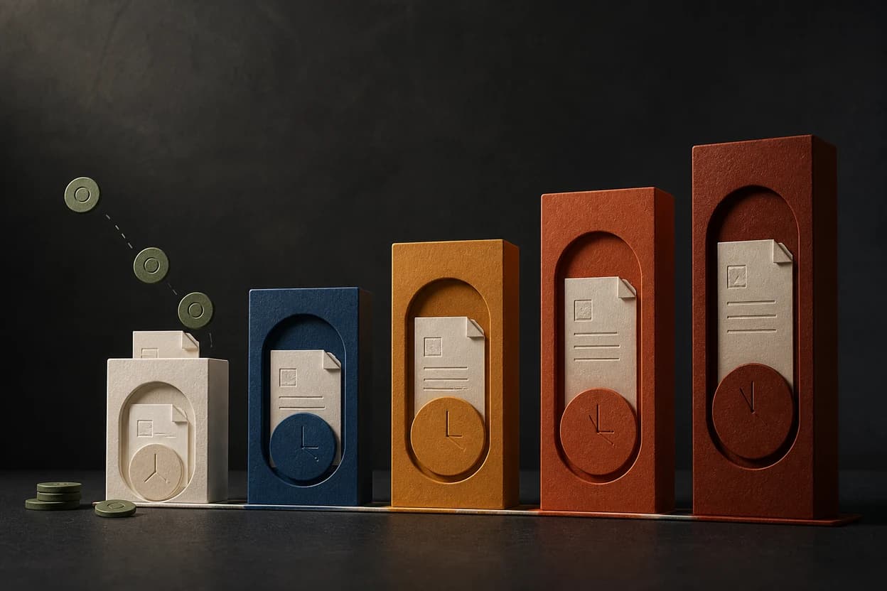 Five sculptural invoice columns progressing from current to more than ninety days overdue