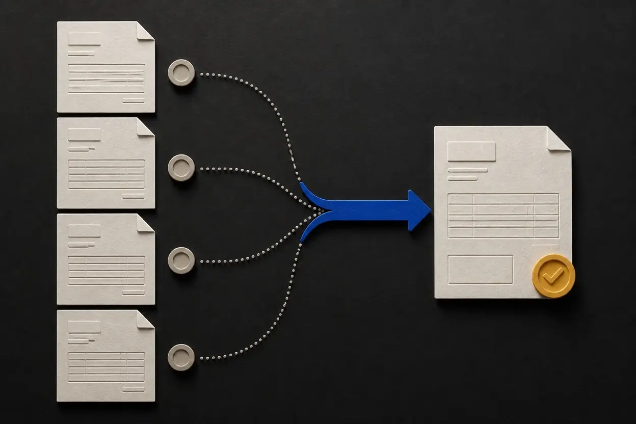 Embossed invoices flowing into one payment record through a cobalt matching arrow