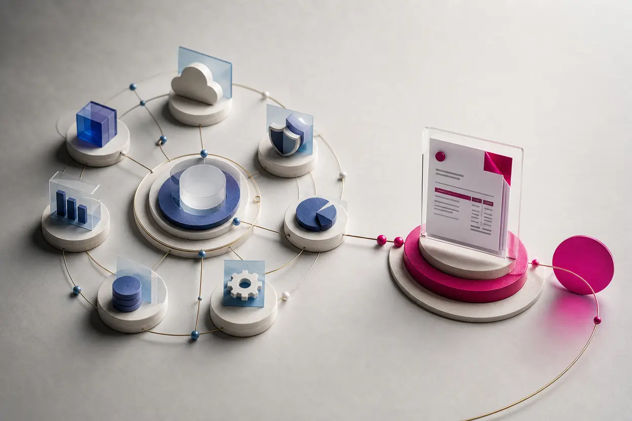 Connected software modules orbiting beside a focused invoice workflow
