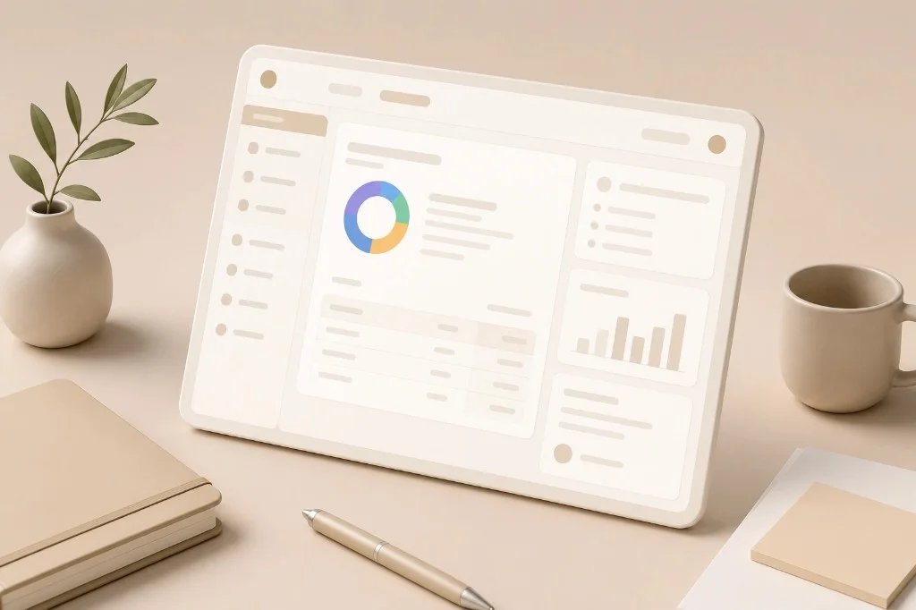 Freelancer desk with tablet showing invoice workspace overview