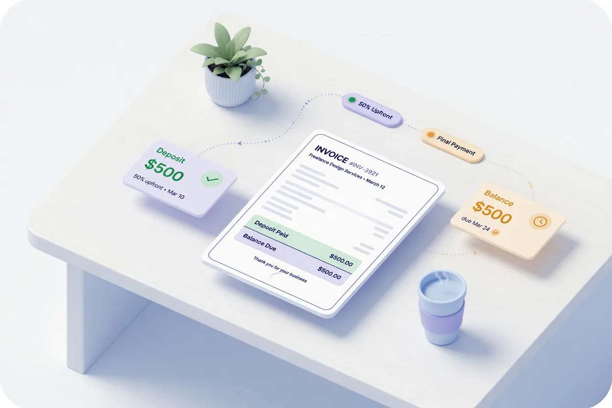 Invoice deposit and balance illustration: 50% deposit paid and remaining balance due