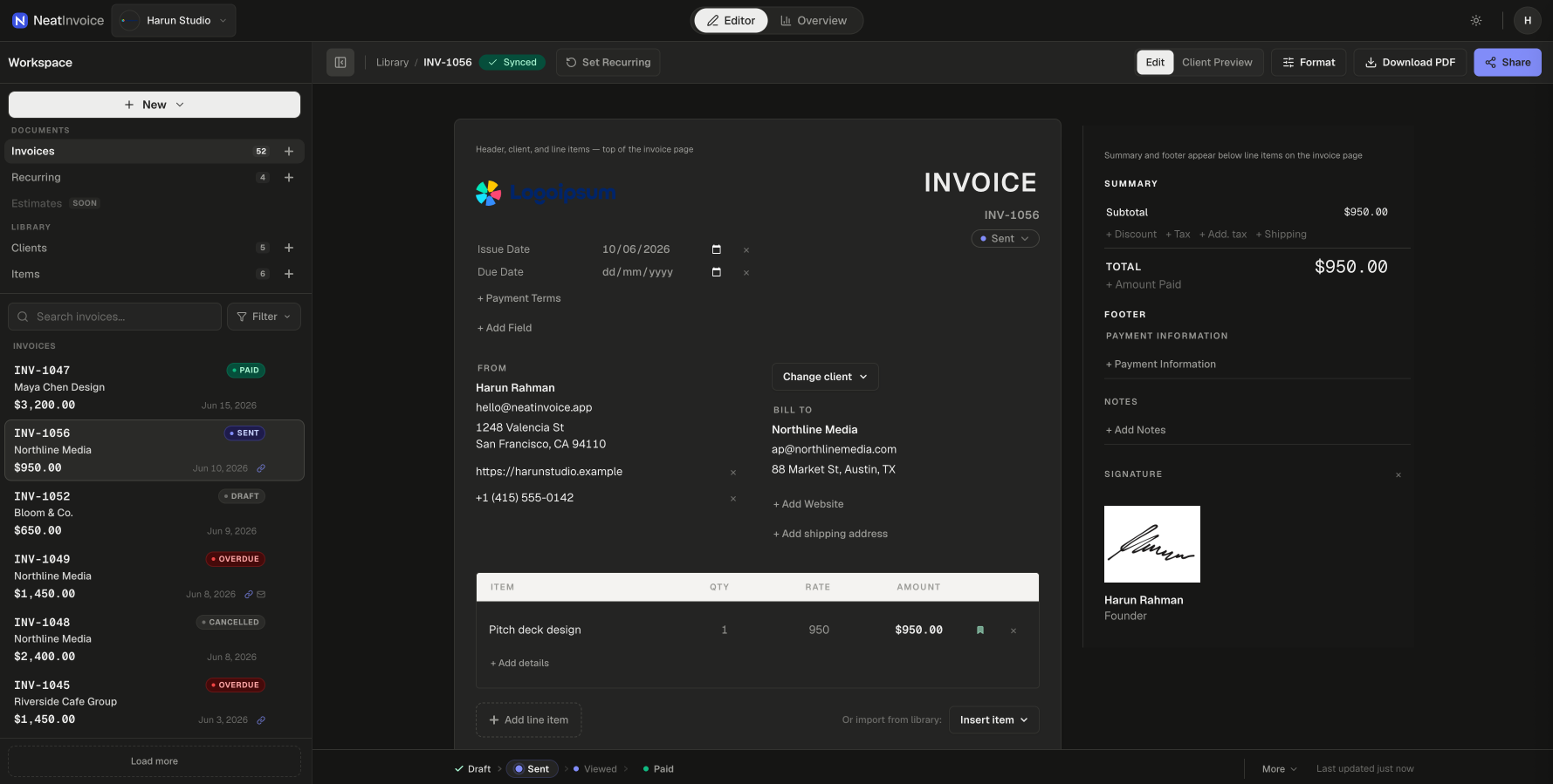 NeatInvoice workspace with invoice library, split editor and inspector, and share controls