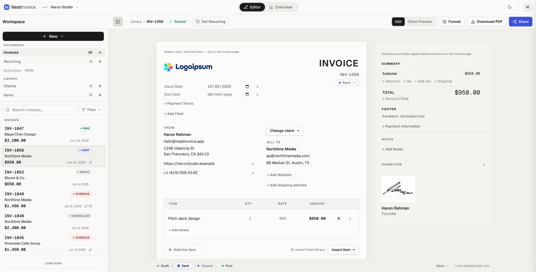 NeatInvoice workspace with invoice library, split editor and inspector, and share controls